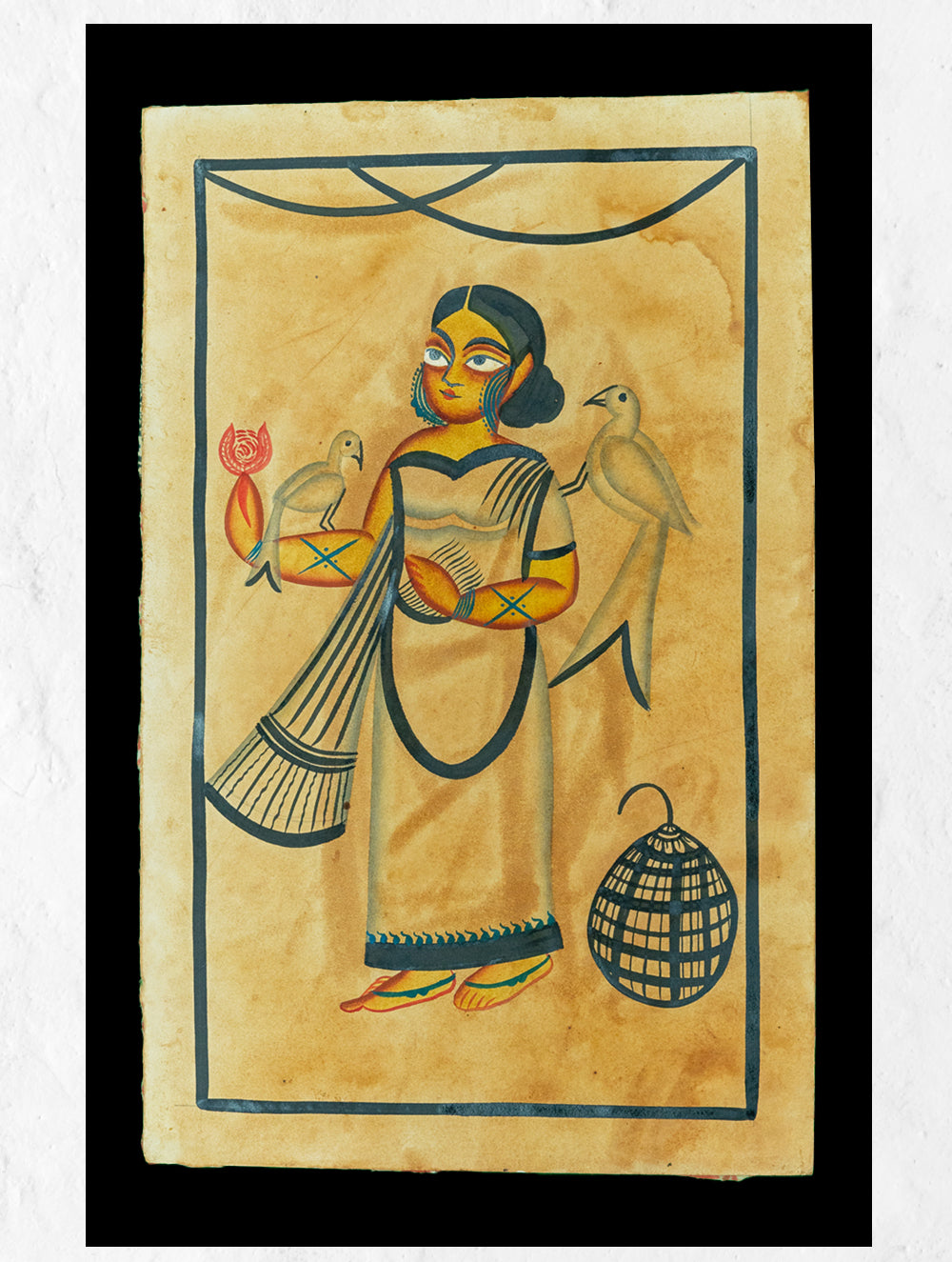 Load image into Gallery viewer, Kalighat Painting With Mount - Woman &amp; Birds