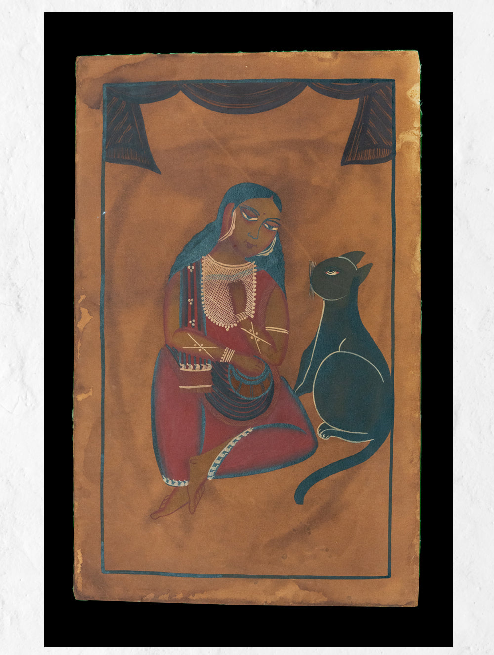 Load image into Gallery viewer, Kalighat Painting With Mount - Woman &amp; Cat