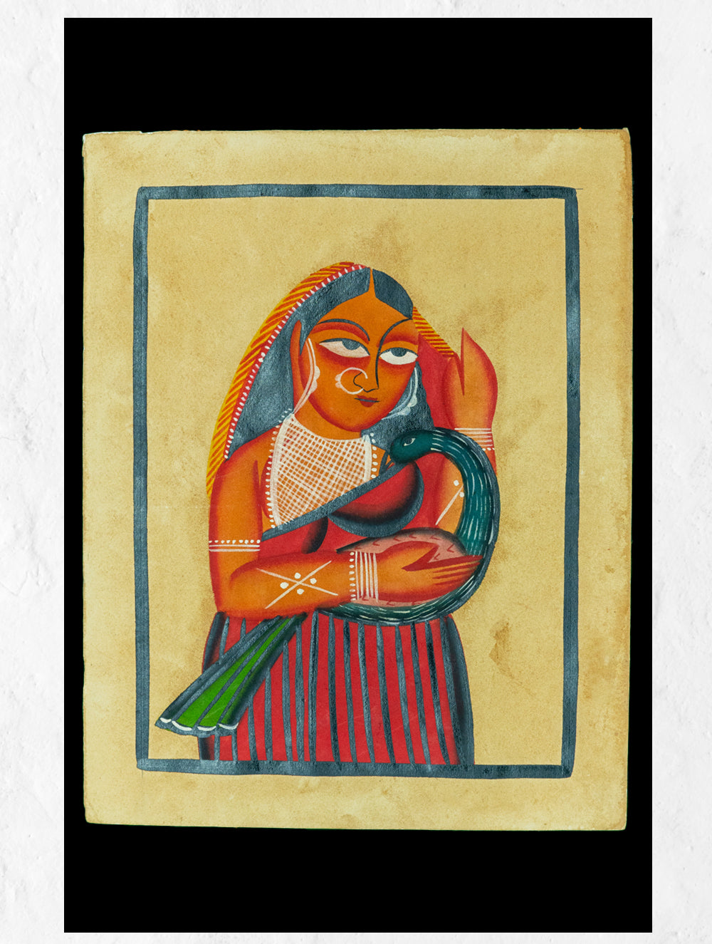Kalighat Painting With Mount - Woman & Peacock