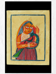 Kalighat Painting With Mount - Woman & Peacock
