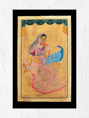 Kalighat Painting - Damsel & Peacock
