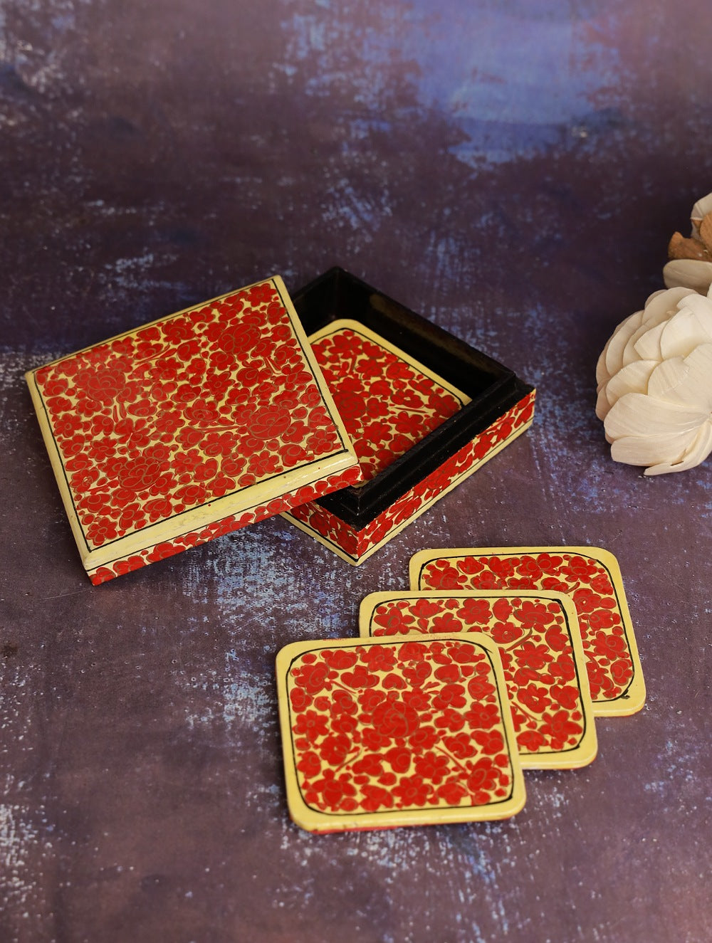 Load image into Gallery viewer, Kashmiri Art Coaster Set - Red Flora