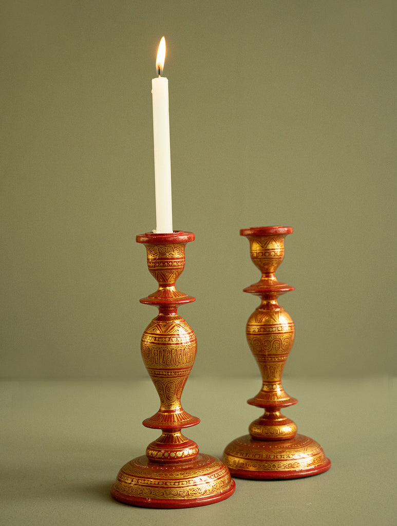 Kashmiri Art Candle Stands, Large (Set of 2) - Ornate Rust