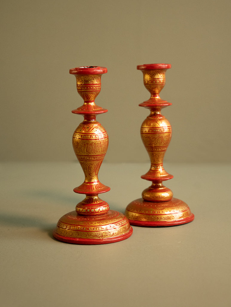 Kashmiri Art Candle Stands, Large (Set of 2) - Ornate Rust