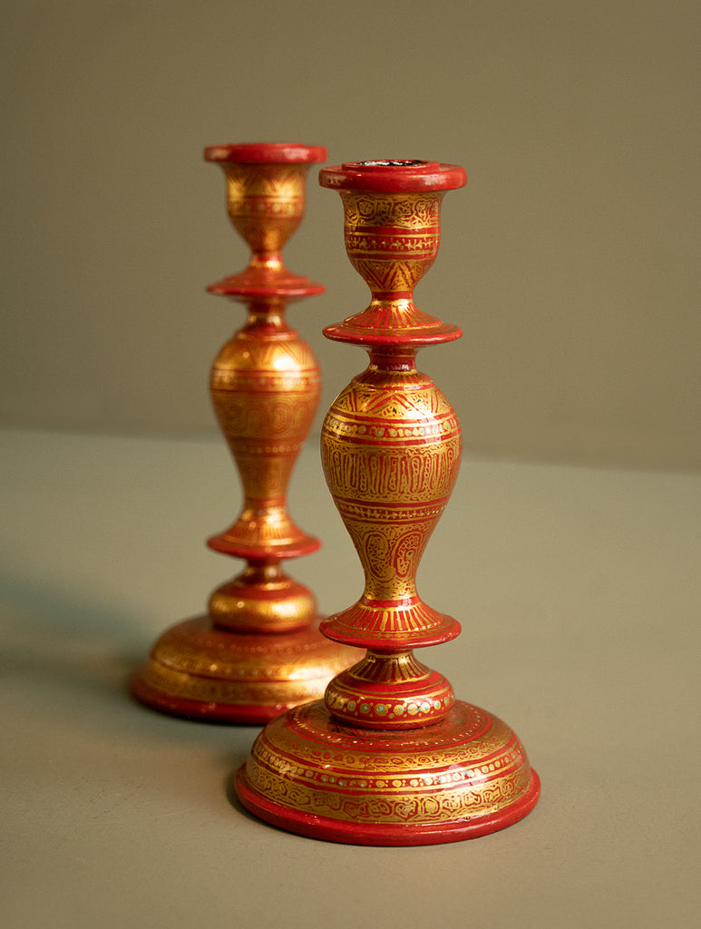 Kashmiri Art Candle Stands, Large (Set of 2) - Ornate Rust