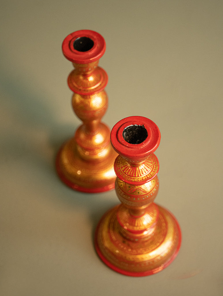 Kashmiri Art Candle Stands, Large (Set of 2) - Ornate Rust