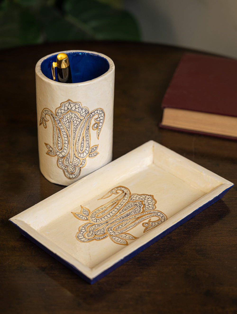 Load image into Gallery viewer, Kashmiri Art Desk Set - Beige Ornate