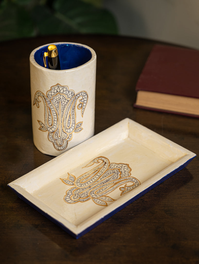 Kashmiri Art Desk Set - Beige Ornate