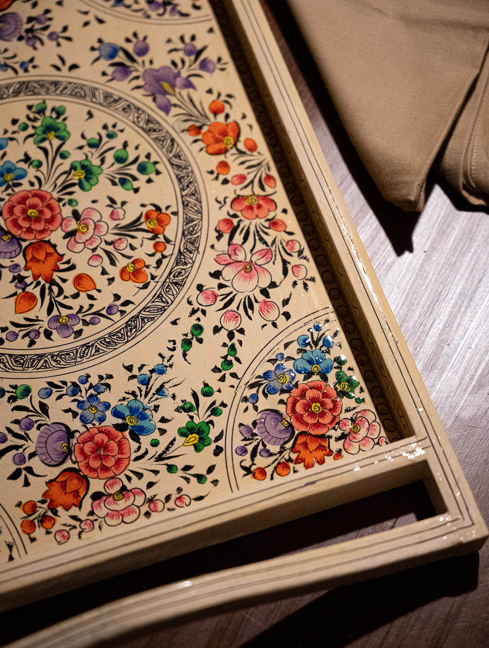 Kashmiri Art Tray - Beige Floral