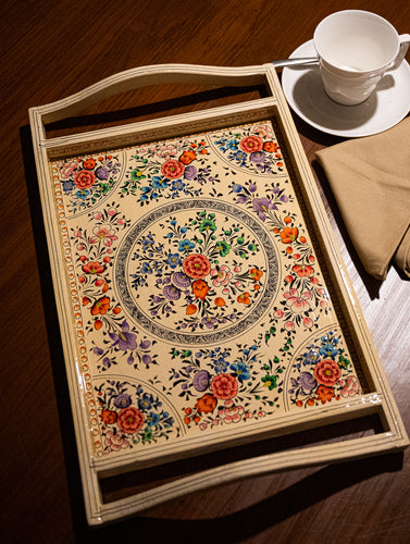 Kashmiri Art Tray - Beige Floral