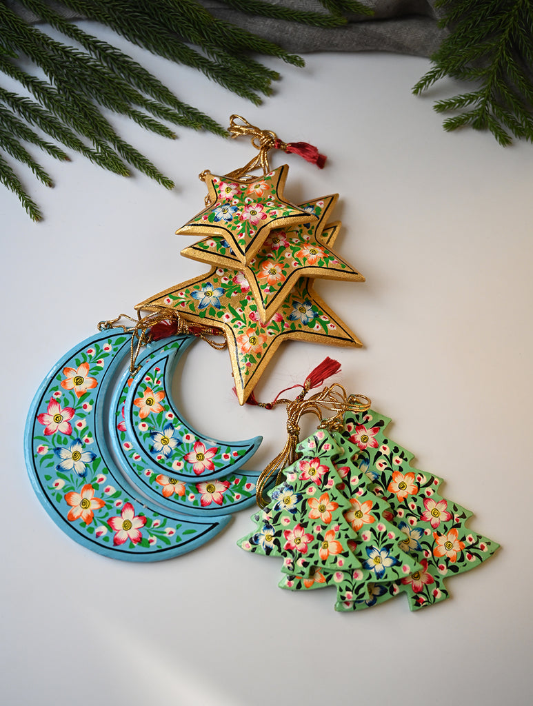 Kashmiri Art Xmas Decorations - Blue Green Medley (Set of 9)