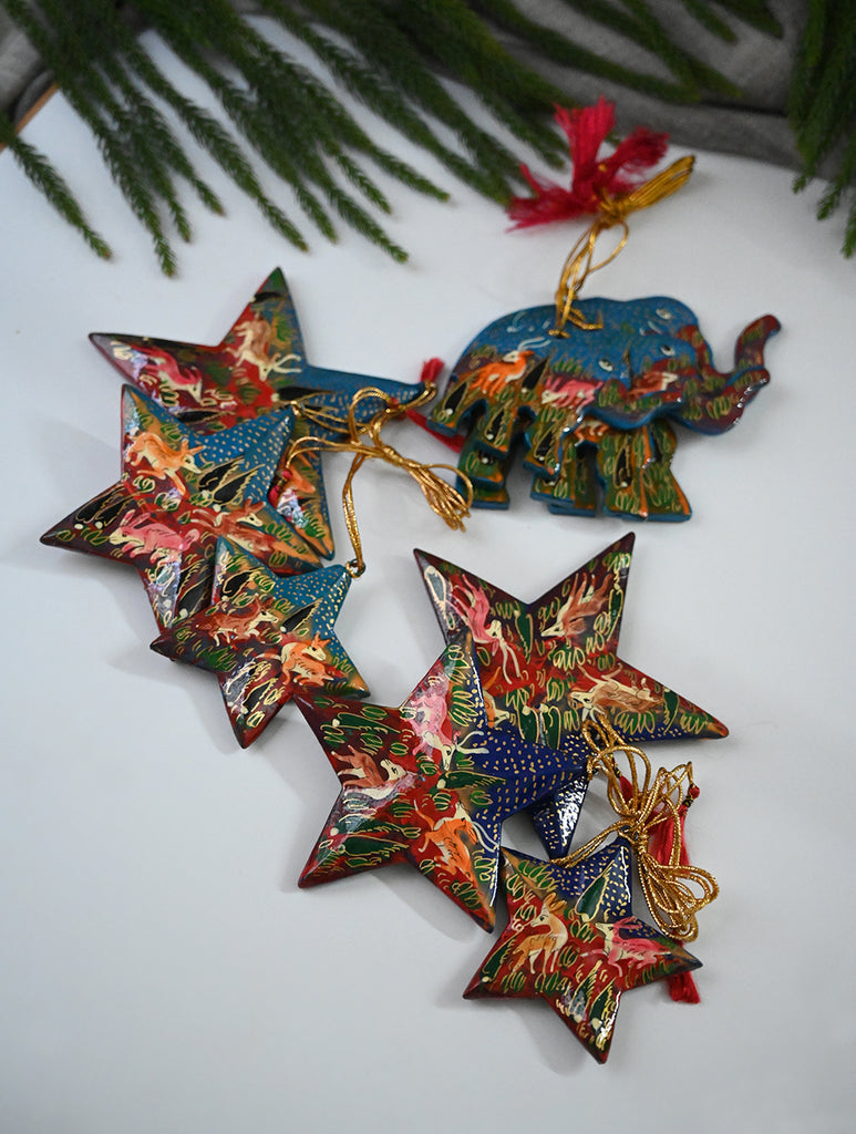 Kashmiri Art Xmas Decorations - Blue Red Forests (Set of 9)