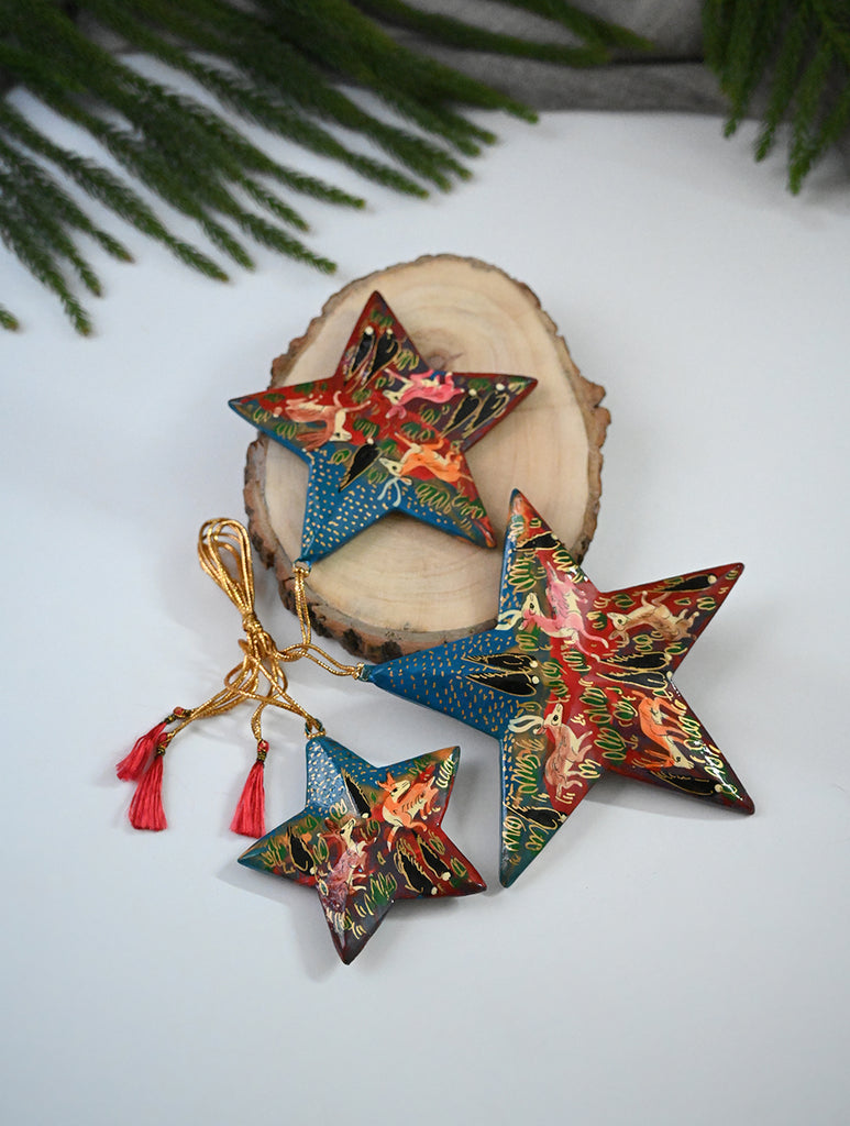 Kashmiri Art Xmas Decorations - Blue Red Forests (Set of 9)