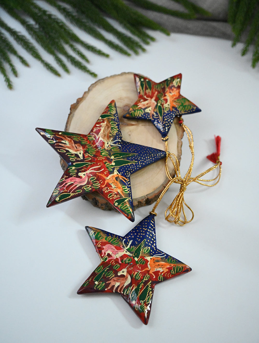 Kashmiri Art Xmas Decorations - Blue Red Forests (Set of 9)