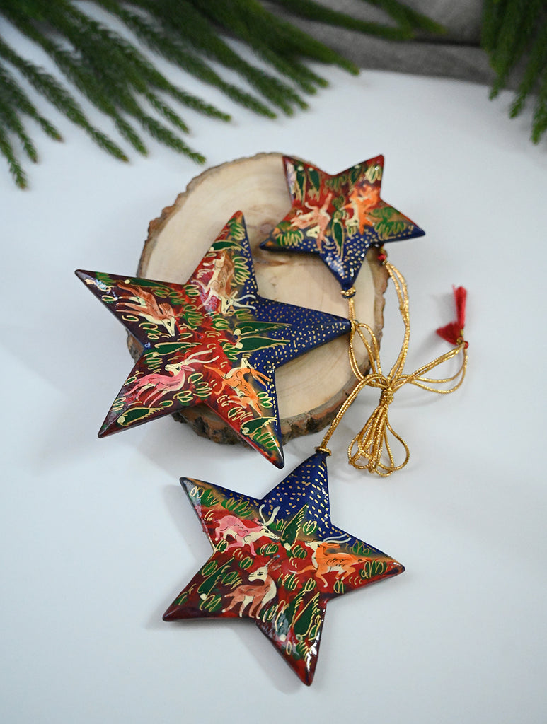 Kashmiri Art Xmas Decorations - Blue Red Forests (Set of 9)