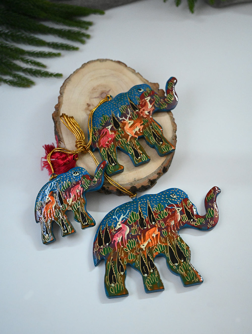 Kashmiri Art Xmas Decorations - Blue Red Forests (Set of 9)