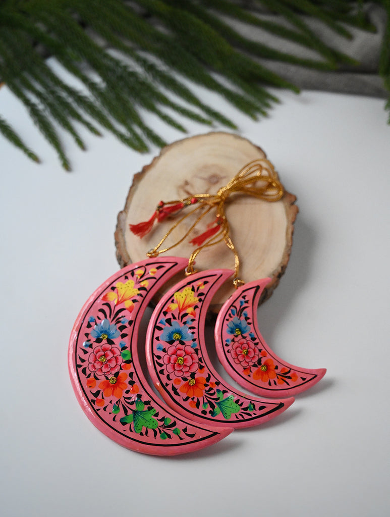 Kashmiri Art Xmas Decorations - Blue & Pink Florals (Set of 9)