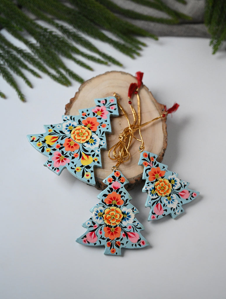 Kashmiri Art Xmas Decorations - Blue & Pink Florals (Set of 9)