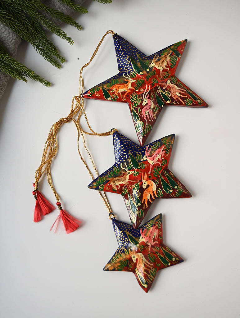 Kashmiri Art Xmas Decorations - Blue & Red Forests (Set of 6)