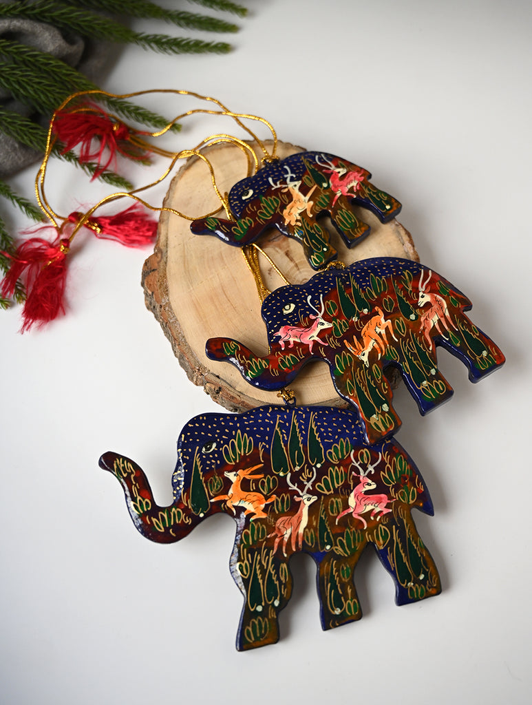 Kashmiri Art Xmas Decorations - Blue & Red Forests (Set of 6)