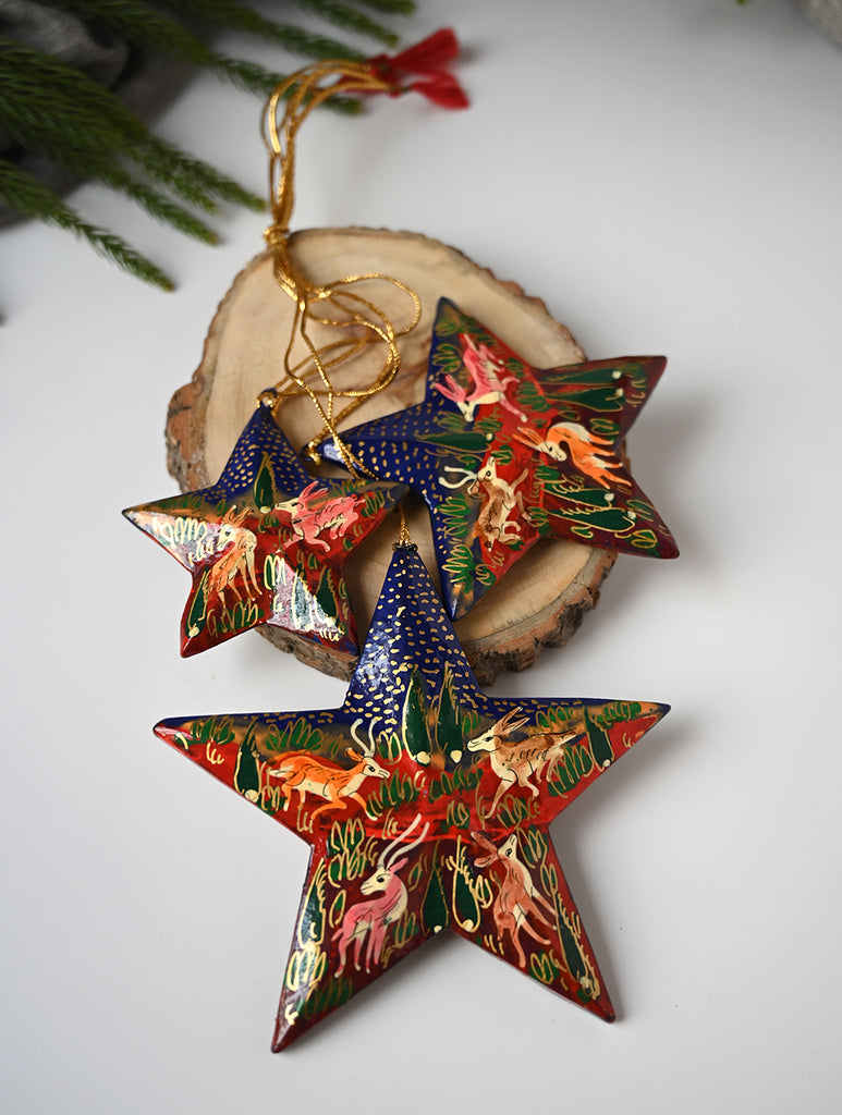 Kashmiri Art Xmas Decorations - Blue & Red Forests (Set of 6)