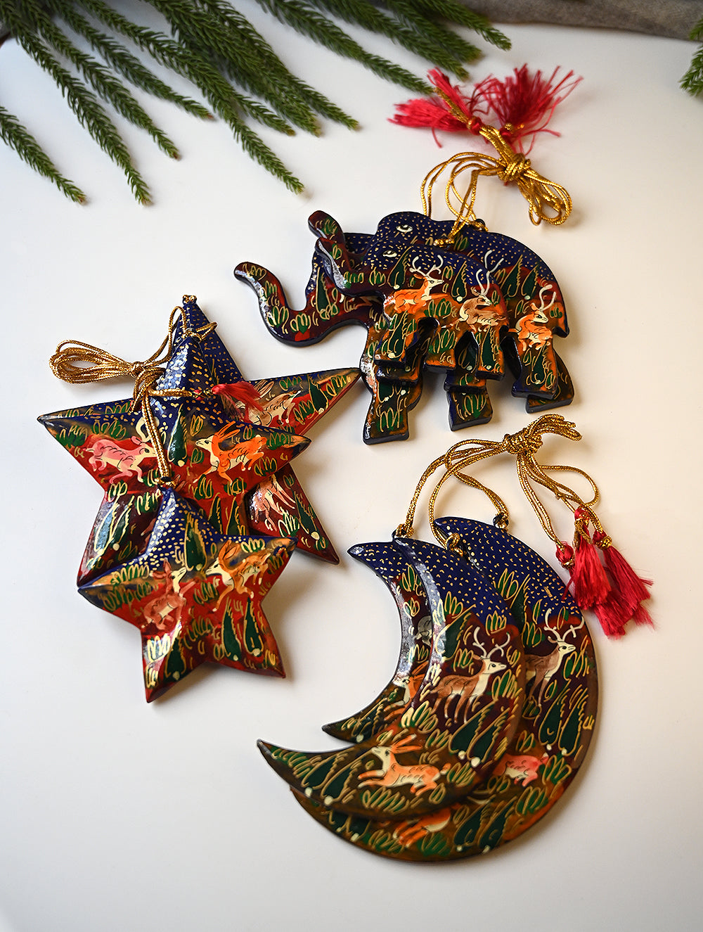 Load image into Gallery viewer, Kashmiri Art Xmas Decorations - Blue &amp; Red Forests (Set of 9)