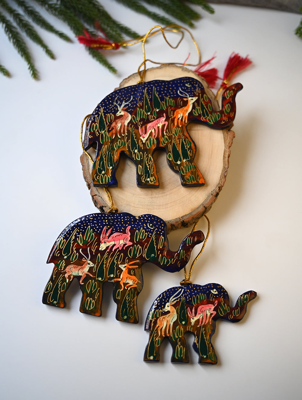 Load image into Gallery viewer, Kashmiri Art Xmas Decorations - Blue &amp; Red Forests (Set of 9)