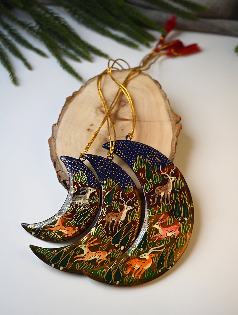 Kashmiri Art Xmas Decorations - Blue & Red Forests (Set of 9)