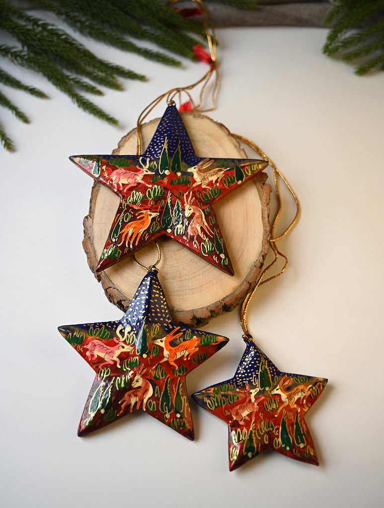 Kashmiri Art Xmas Decorations - Blue & Red Forests (Set of 9)