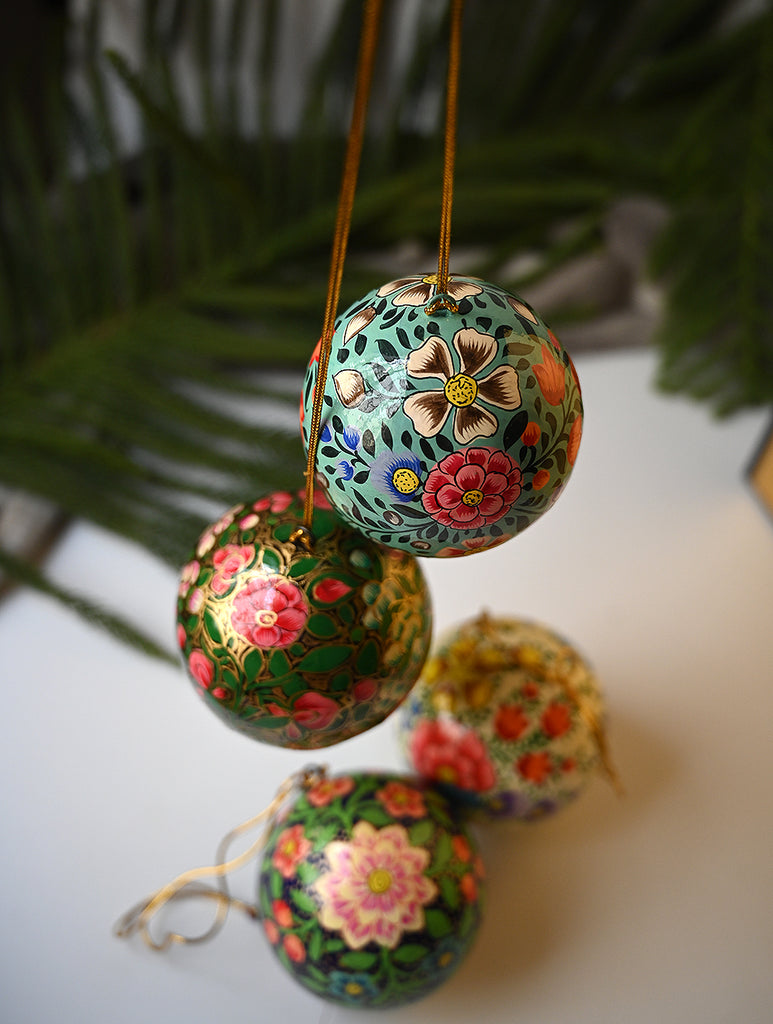 Kashmiri Art Xmas Decorations - Floral Baubles (Set of 4)