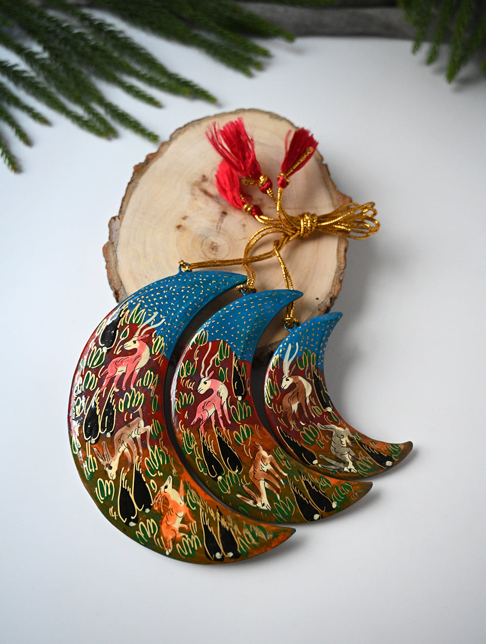 Load image into Gallery viewer, Kashmiri Art Xmas Decorations - Forest Wanderers (Set of 9)