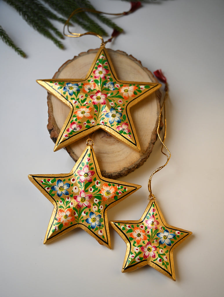 Kashmiri Art Xmas Decorations - Gold Stars (Set of 9)