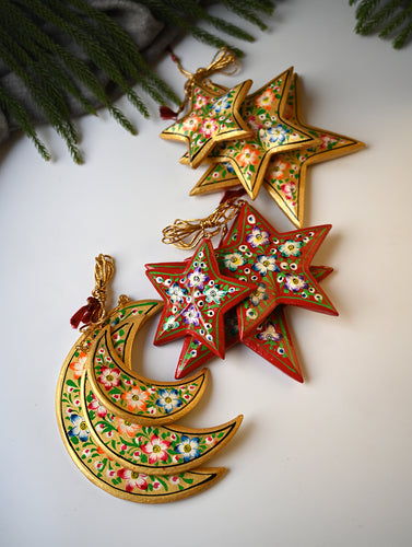 Kashmiri Art Xmas Decorations - Gold Stars (Set of 9)