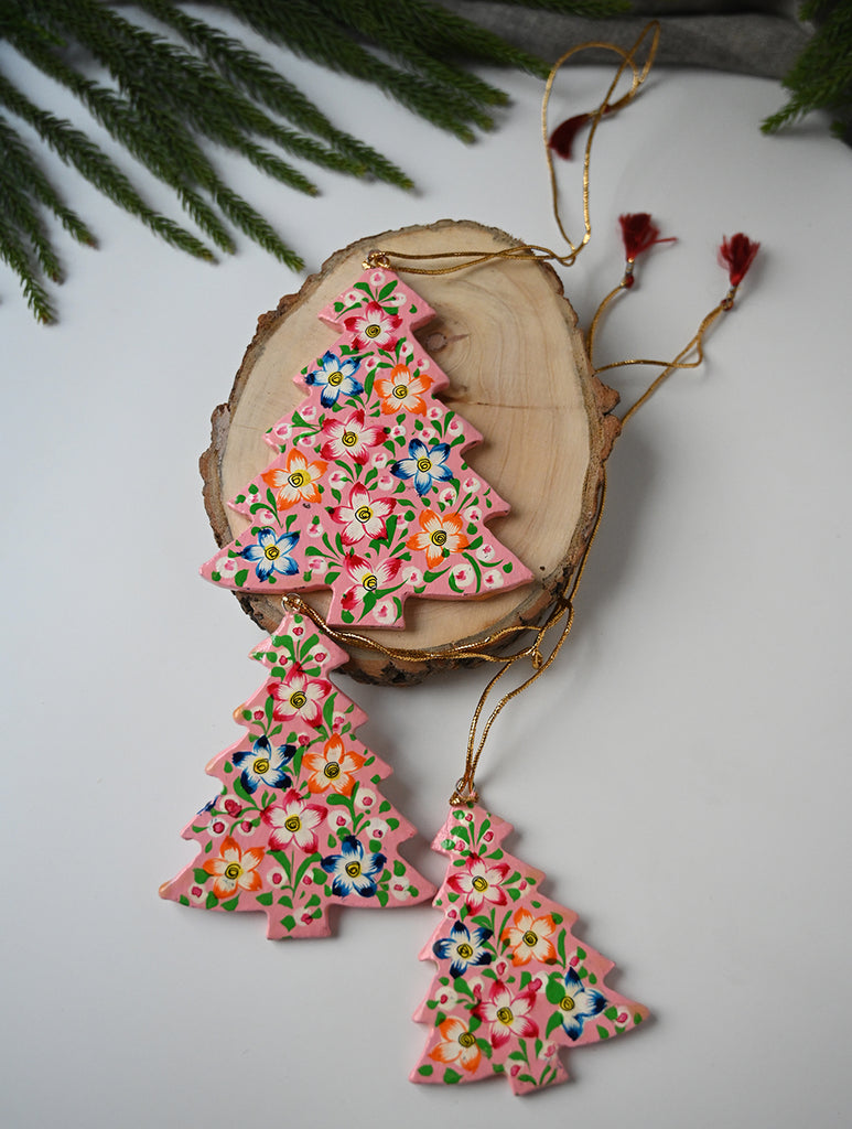 Kashmiri Art Xmas Decorations - Mauve & Green Flora (Set of 10)