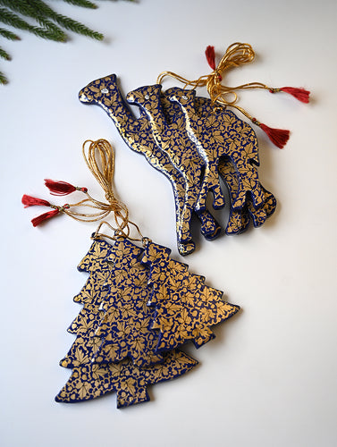Kashmiri Art Xmas Decorations - Navy Chinar (Set of 6)