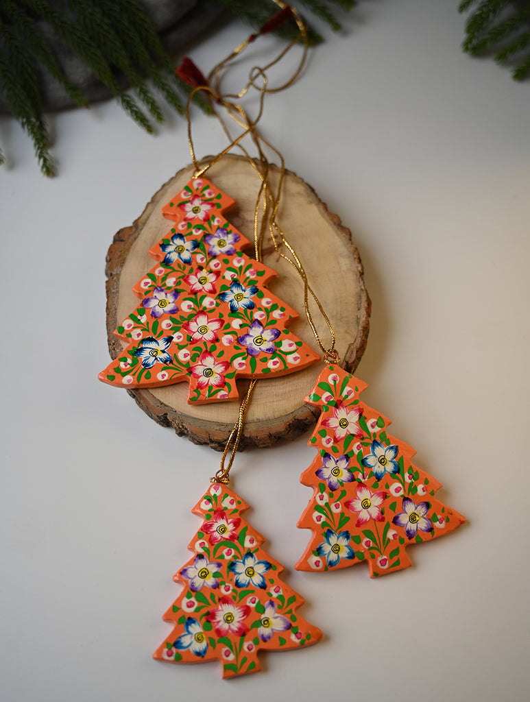Kashmiri Art Xmas Decorations - Orange Flora (Set of 9)