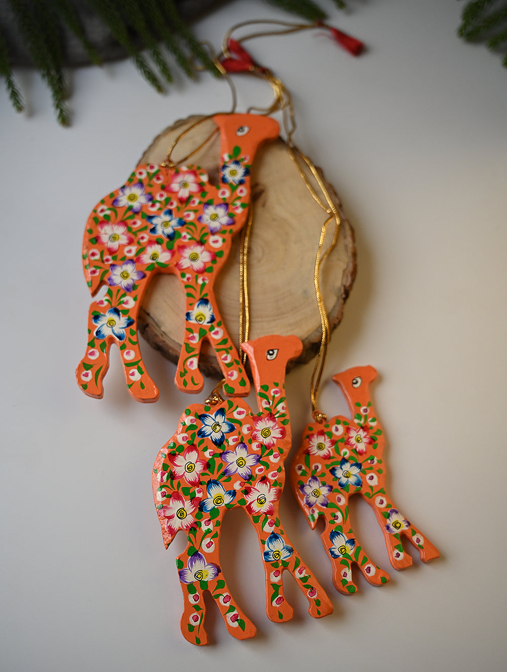 Load image into Gallery viewer, Kashmiri Art Xmas Decorations - Orange Flora (Set of 9)