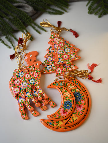 Kashmiri Art Xmas Decorations - Orange Flora (Set of 9)