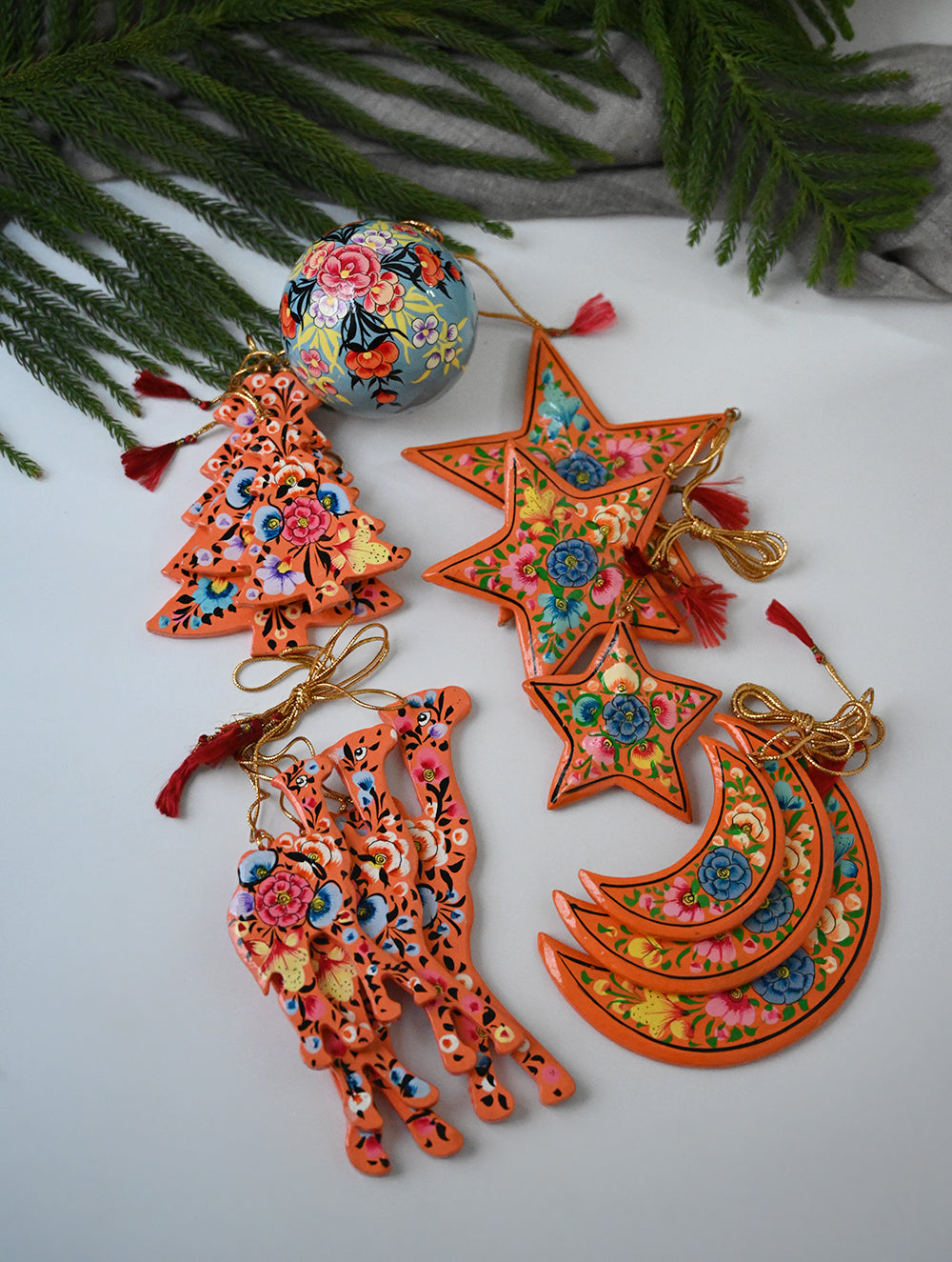 Load image into Gallery viewer, Kashmiri Art Xmas Decorations - Orange Florals (Set of 13)