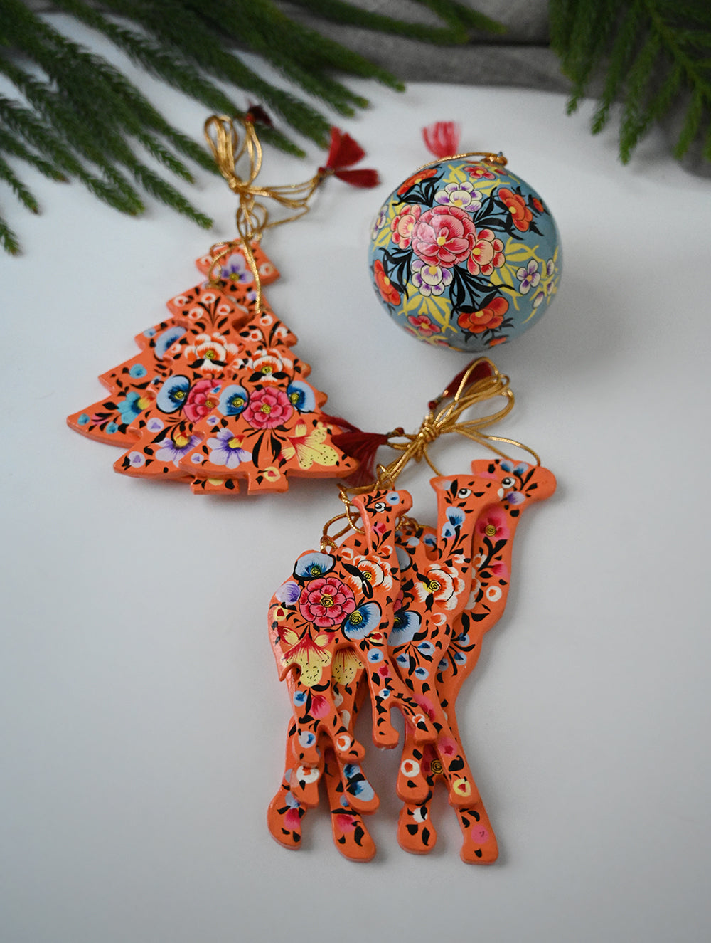 Load image into Gallery viewer, Kashmiri Art Xmas Decorations - Orange Florals (Set of 13)