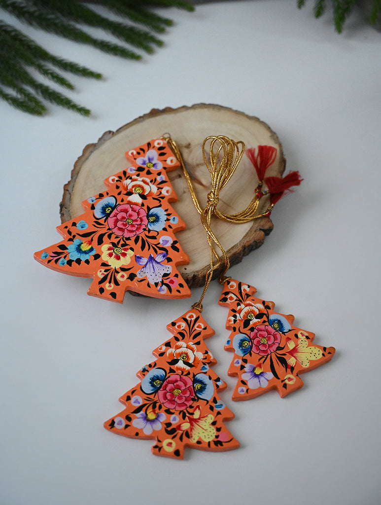 Kashmiri Art Xmas Decorations - Orange Florals (Set of 13)