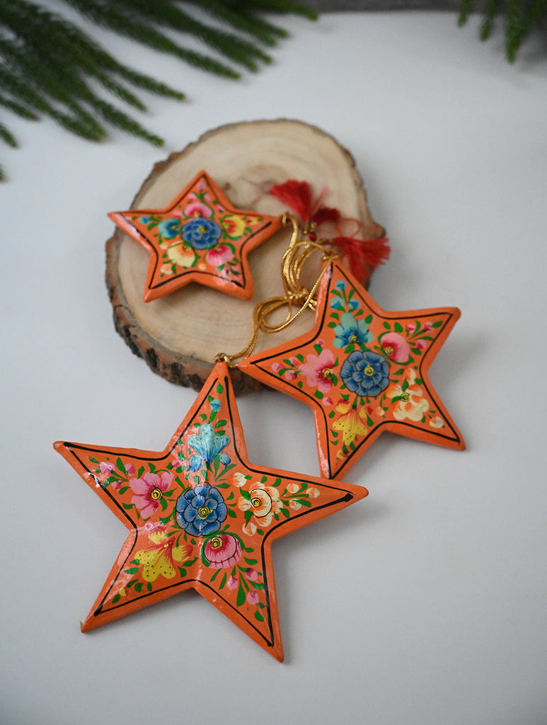 Kashmiri Art Xmas Decorations - Orange Florals (Set of 13)