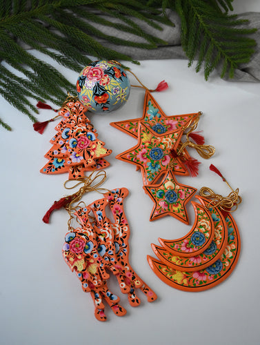 Kashmiri Art Xmas Decorations - Orange Florals (Set of 13)
