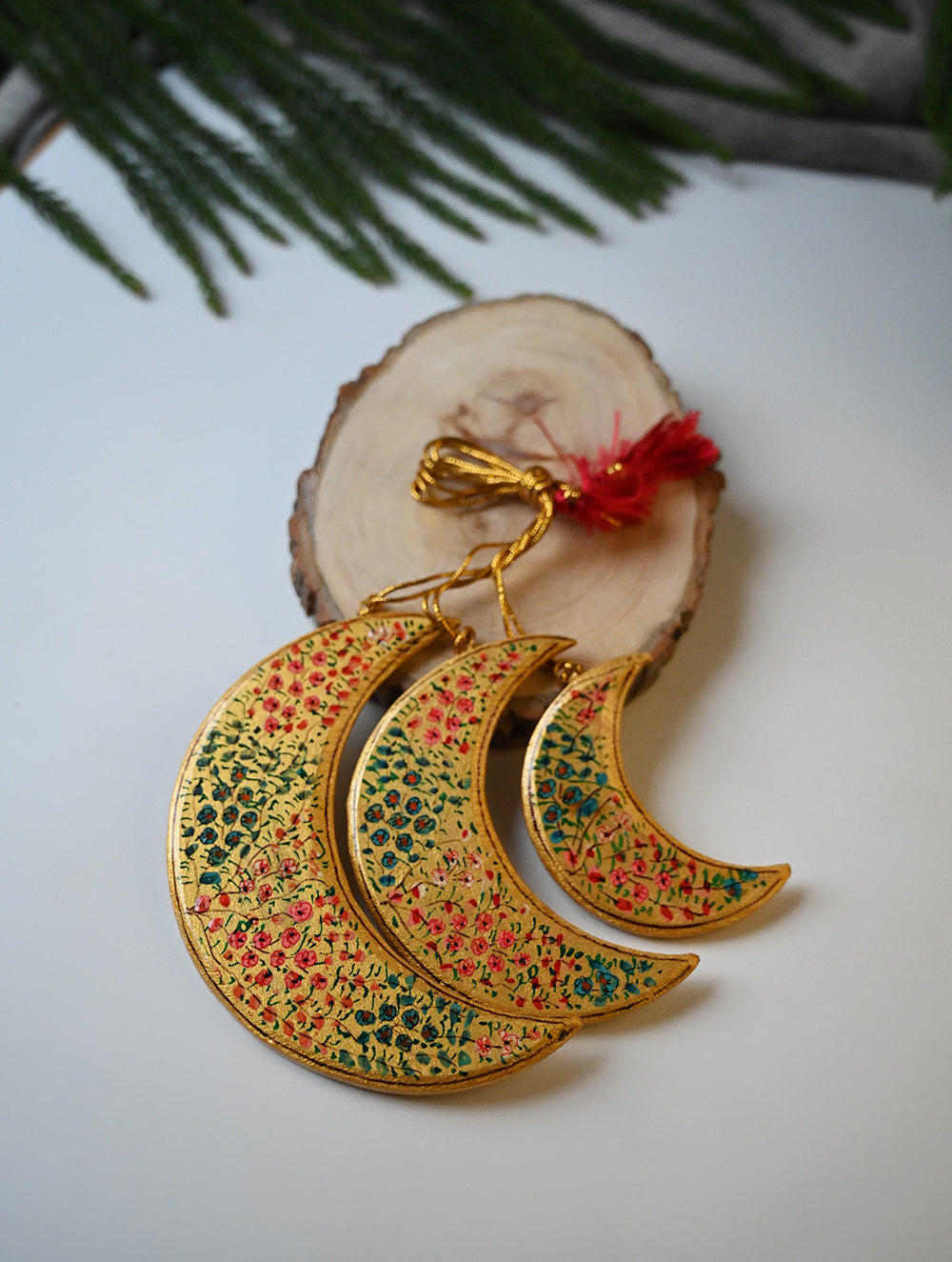 Load image into Gallery viewer, Kashmiri Art Xmas Decorations - Orange &amp; Gold Flora (Set of 9)