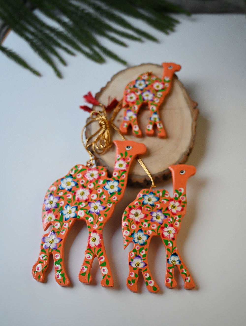 Load image into Gallery viewer, Kashmiri Art Xmas Decorations - Orange &amp; Gold Flora (Set of 9)