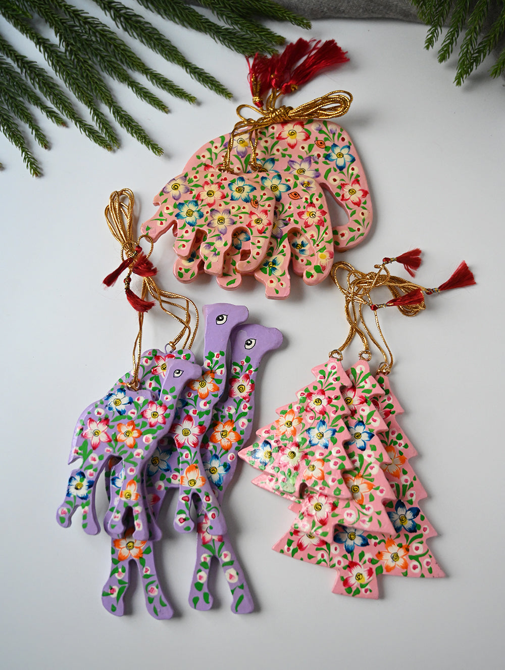 Load image into Gallery viewer, Kashmiri Art Xmas Decorations - Pink Flora (Set of 9)