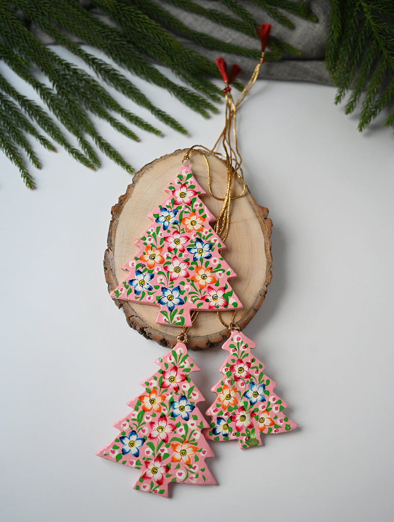 Kashmiri Art Xmas Decorations - Pink Flora (Set of 9)