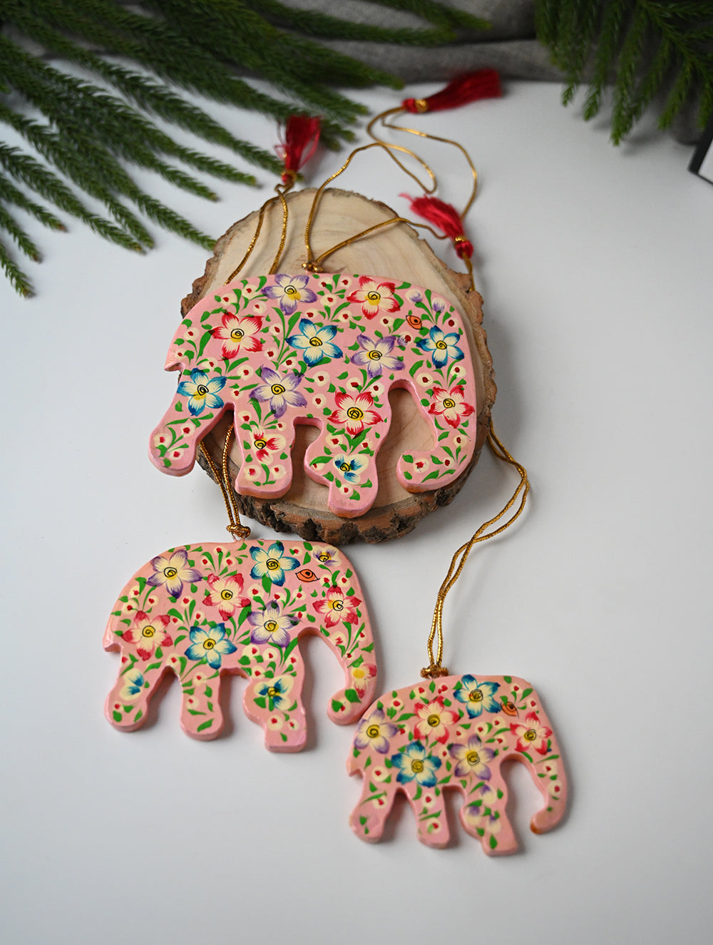 Load image into Gallery viewer, Kashmiri Art Xmas Decorations - Pink Flora (Set of 9)