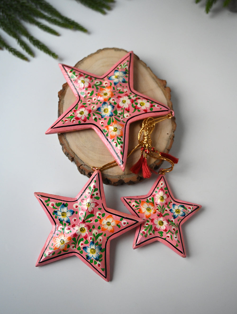 Load image into Gallery viewer, Kashmiri Art Xmas Decorations - Pink Floral Medley (Set of 9)