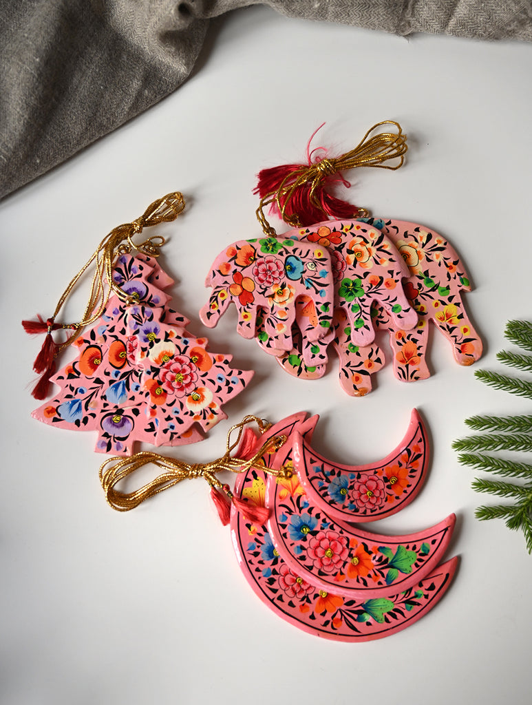 Kashmiri Art Xmas Decorations - Pink Ornaments (Set of 9)